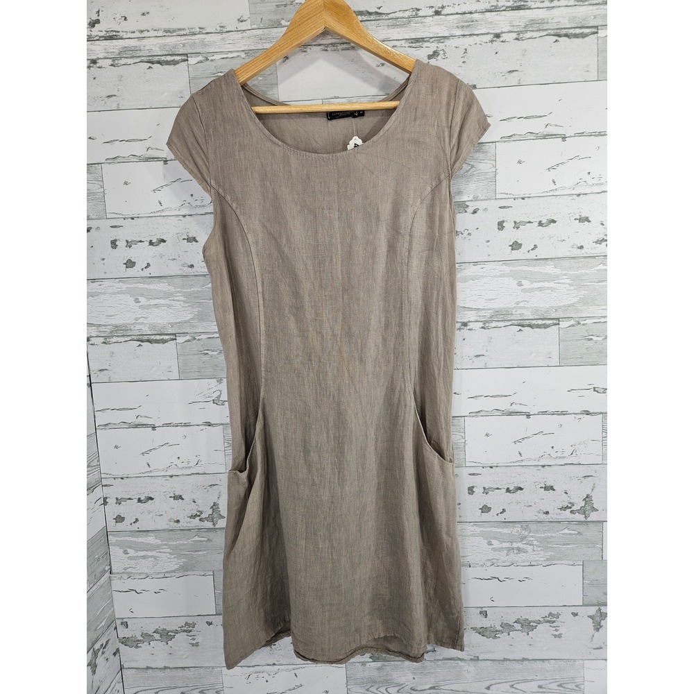Lungo L'Arno Italy Linen Shift Dress Taupe Brown Pocket Cap Sleeve Small